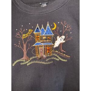 Holiday Editions Embroidered Haunted House Sweatshirt XL Ghost Bats Halloween
